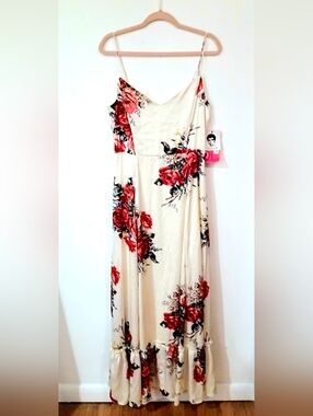 Vintage Betsey Johnson Cream Floral Slip Dress Red Roses Midi Ruffle Hem 90s Y2K